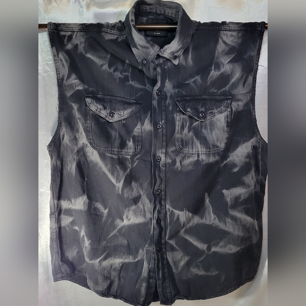 Biker Wear Mens 4X Gray/Black Sleeveless Button Down Shirt